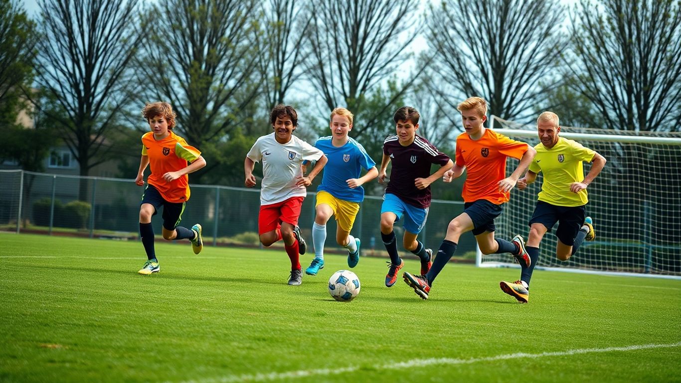 Five-a-side football action on a green pitch.