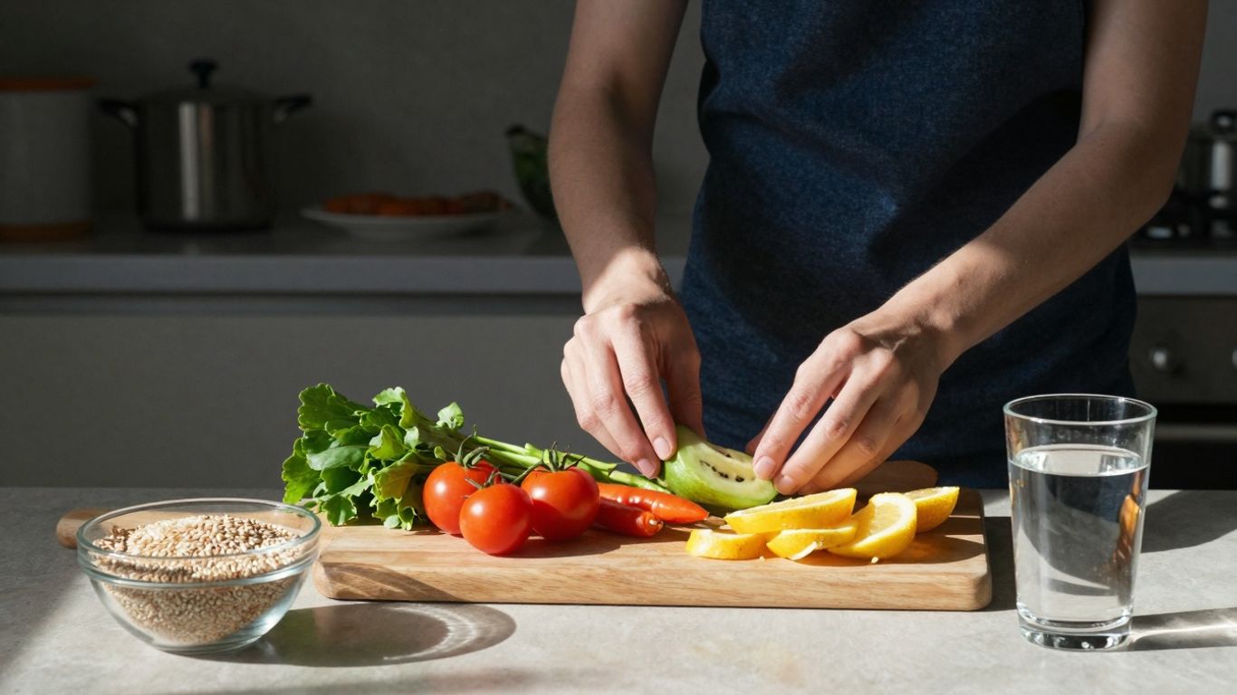 Frisches Obst und Gemüse auf einem Holztisch.