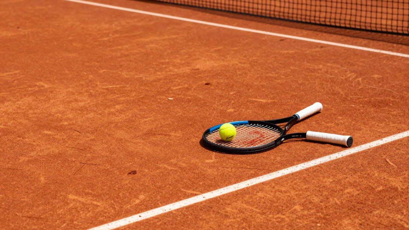 Teren de tenis cu minge și rachetă.