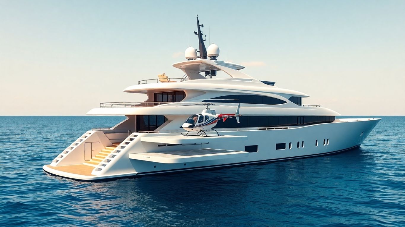 Modern yacht with helipad and helicopter on deck