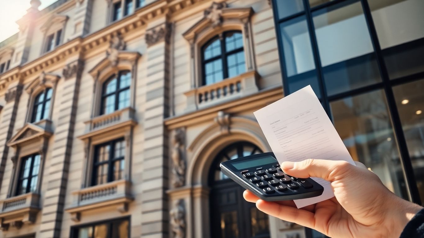 Denkmalgeschütztes Haus mit Hand und Rechner