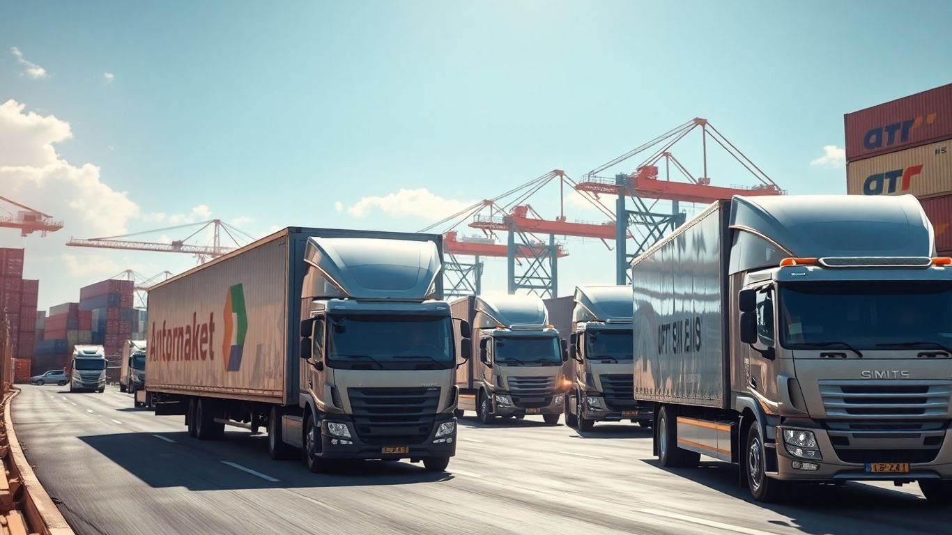 Express freight trucks delivering auto parts globally.