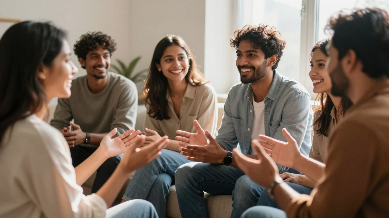 Oameni interacționând fericiți în lumina soarelui.