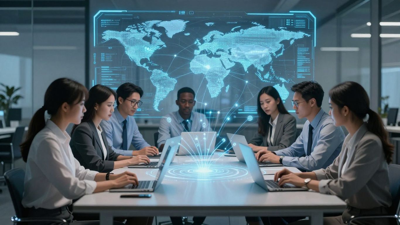 Professionals collaborating with digital interfaces and network lines.