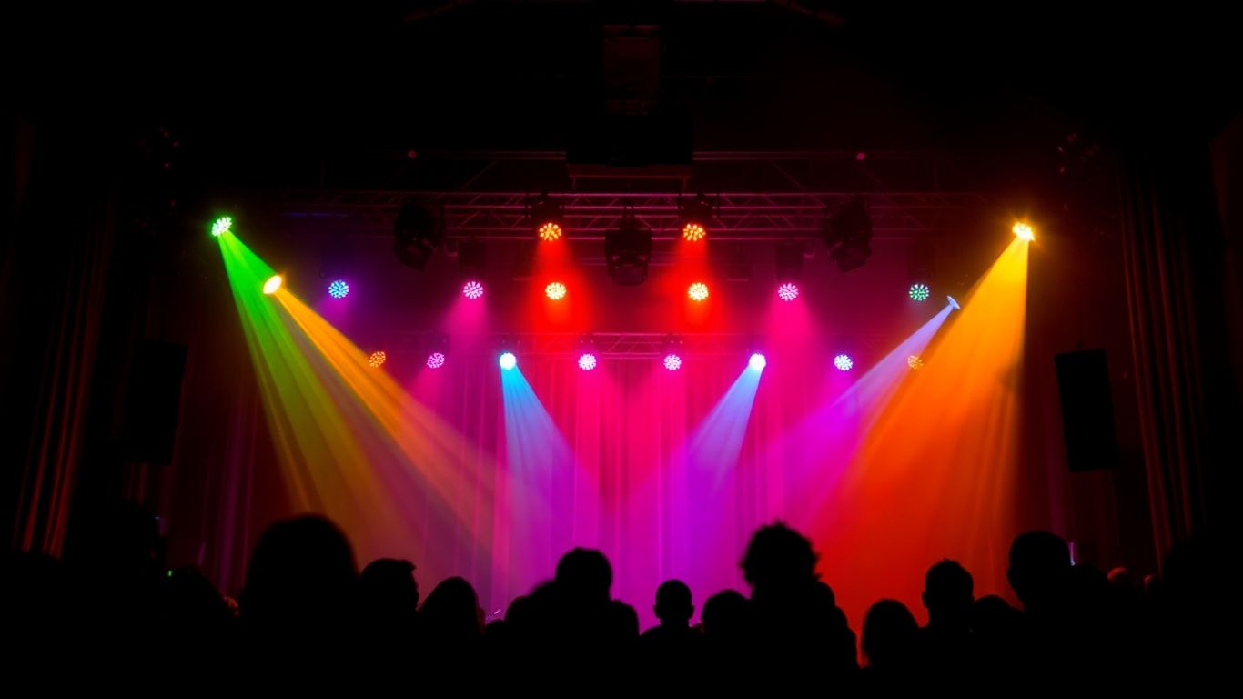 Comedy play stage with colourful lights and props.