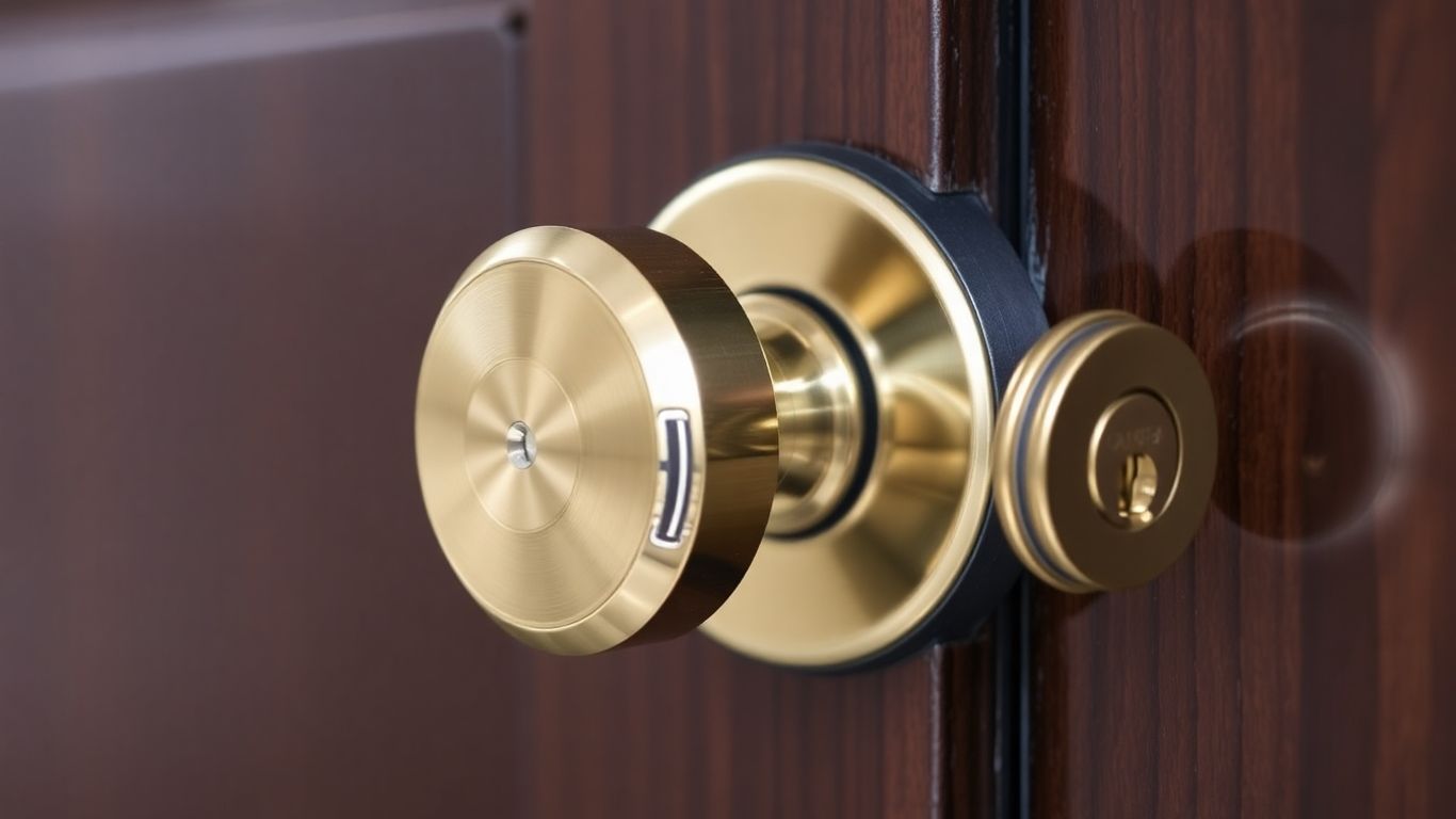 Close-up of a brass deadbolt lock on a wooden door.