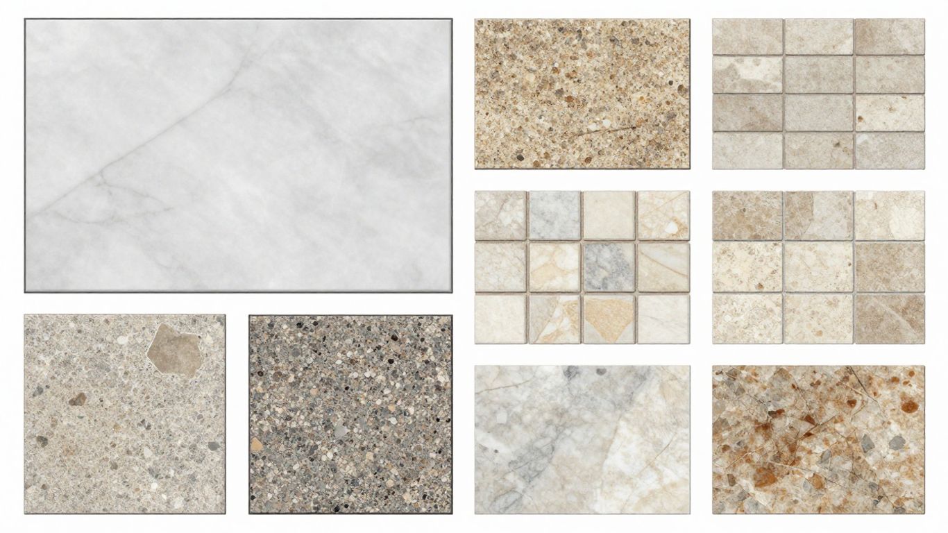 Natural stone slabs and tiles in various textures and colors.