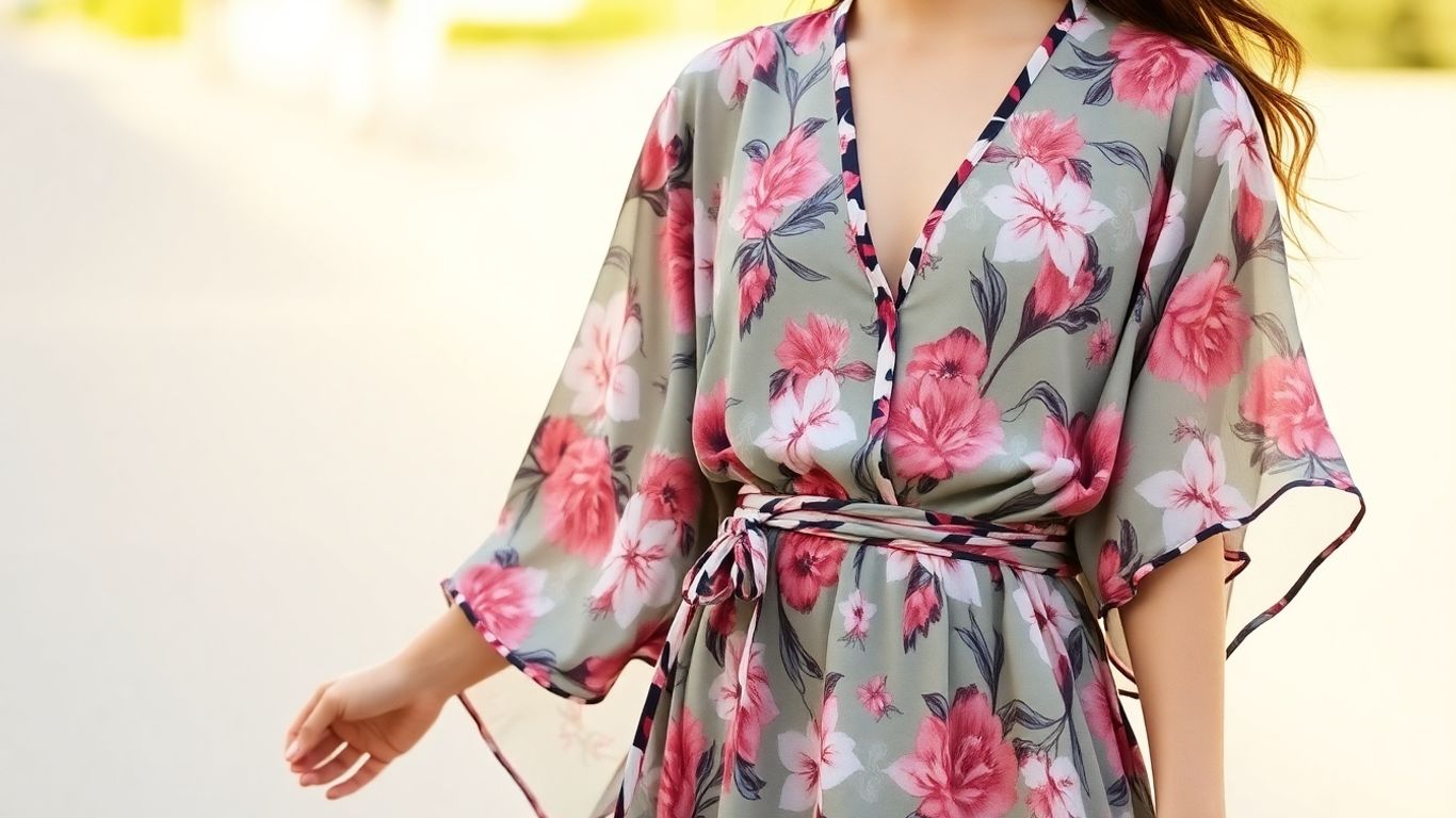 Woman in a floral summer kimono dress