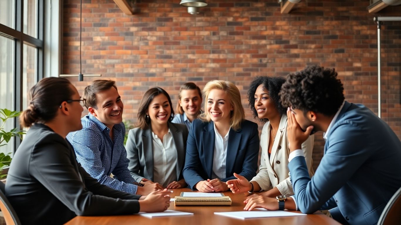 Team collaborating and leader directing discussion