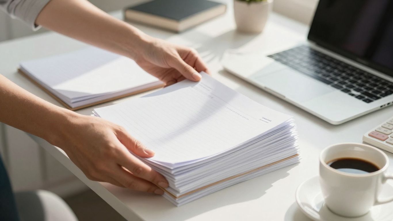 Organized desk with planner, coffee, and laptop.