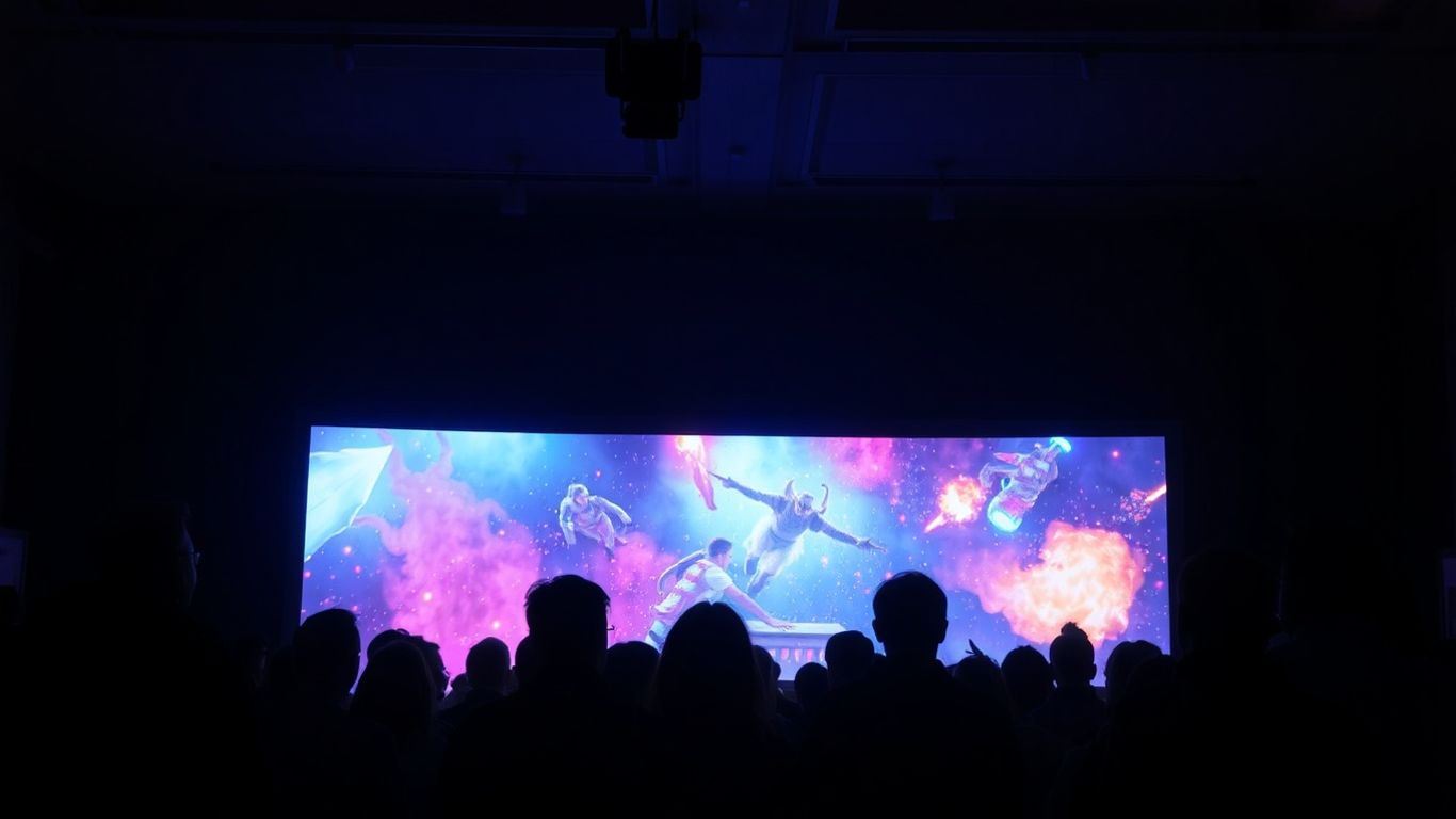 Personnes regardant un écran de streaming coloré et dynamique.