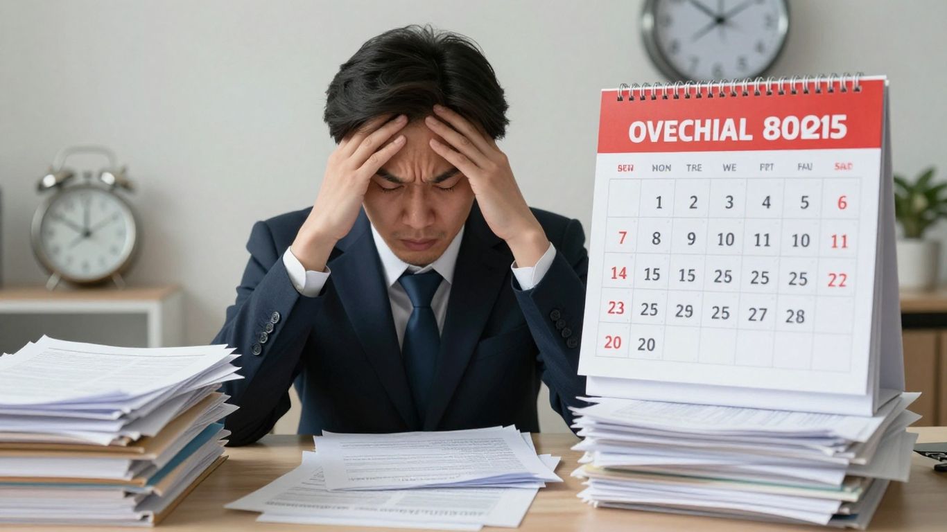 Overwhelmed business owner with scattered papers and bills.