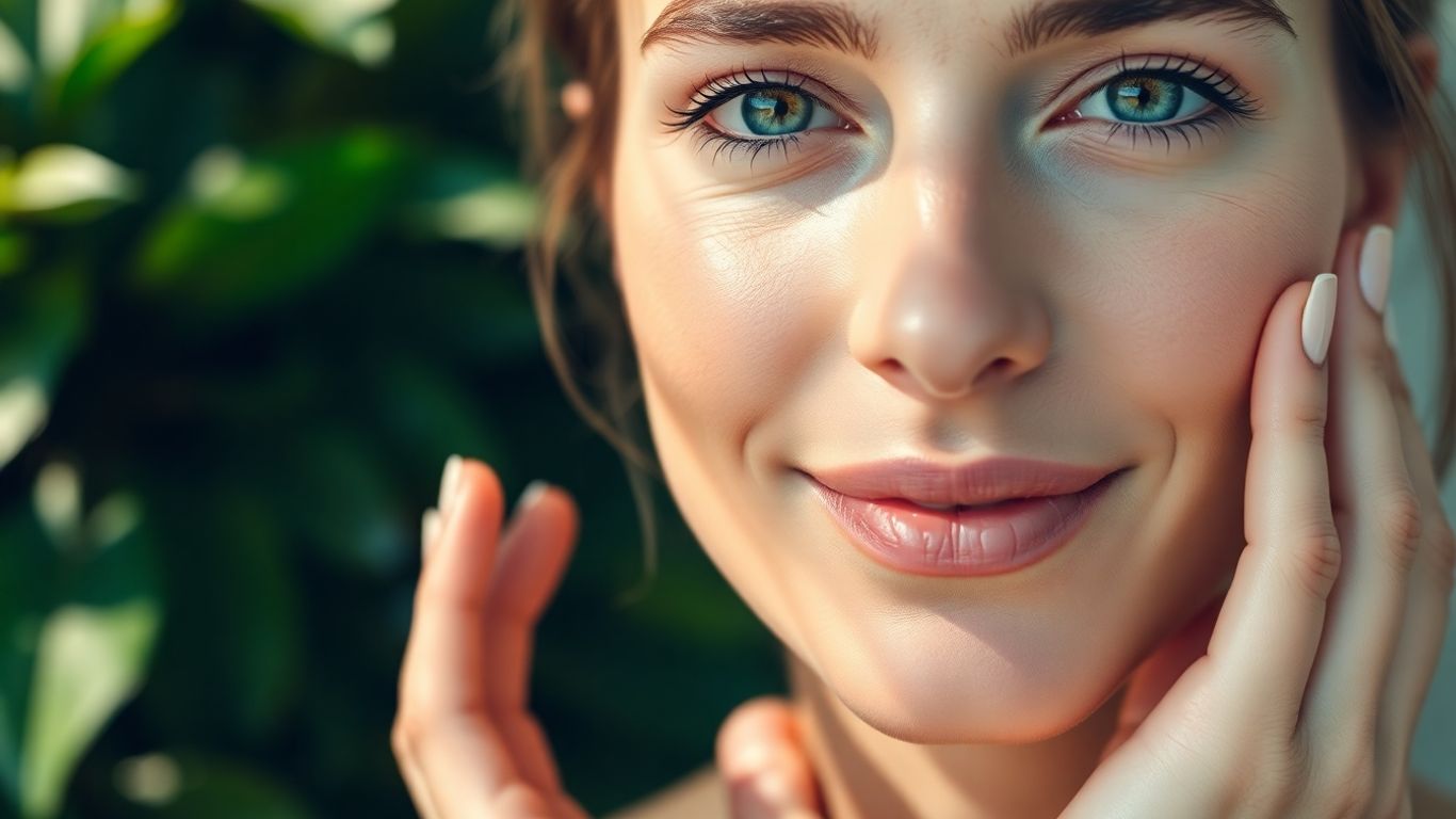 Woman with radiant skin and green leaves