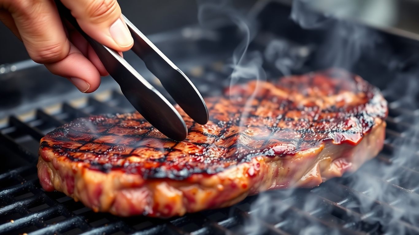 Flipping steak on a smoky grill