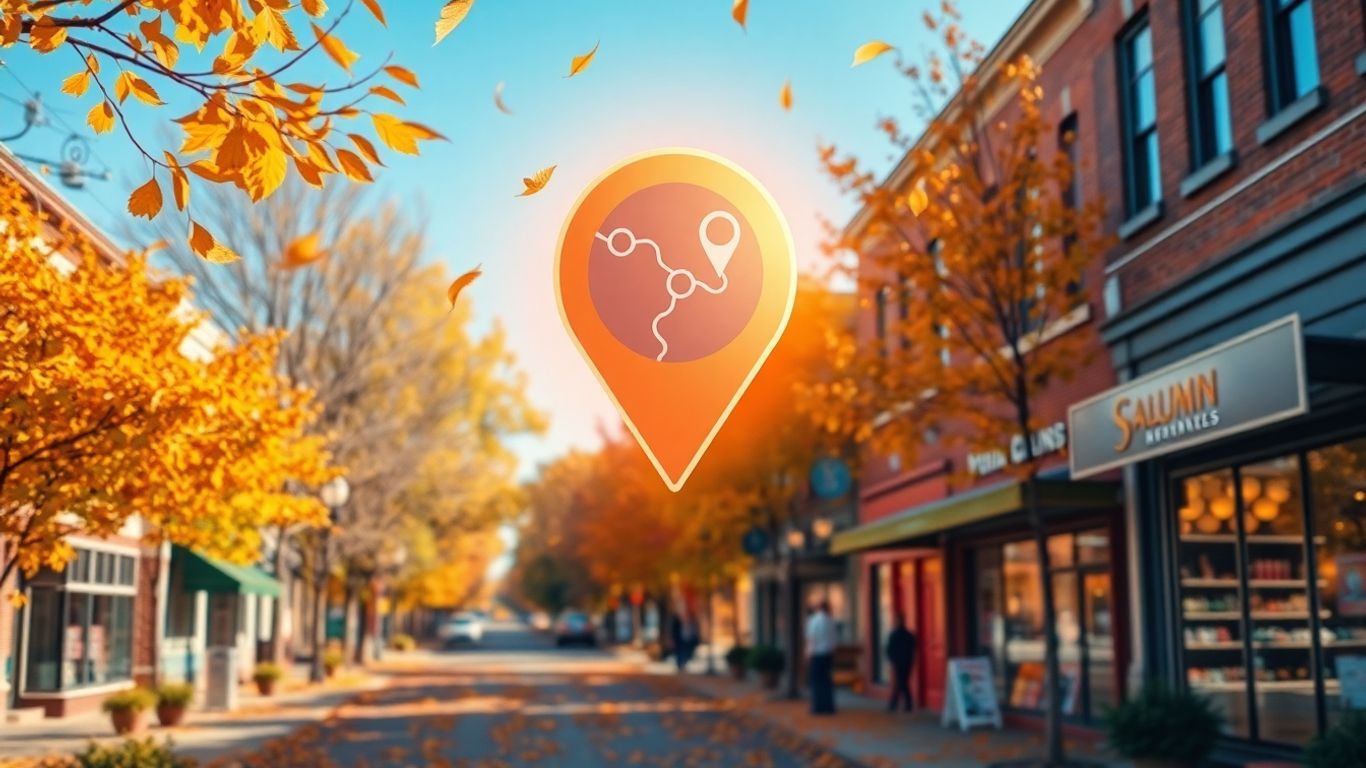 Autumn map pin over city street