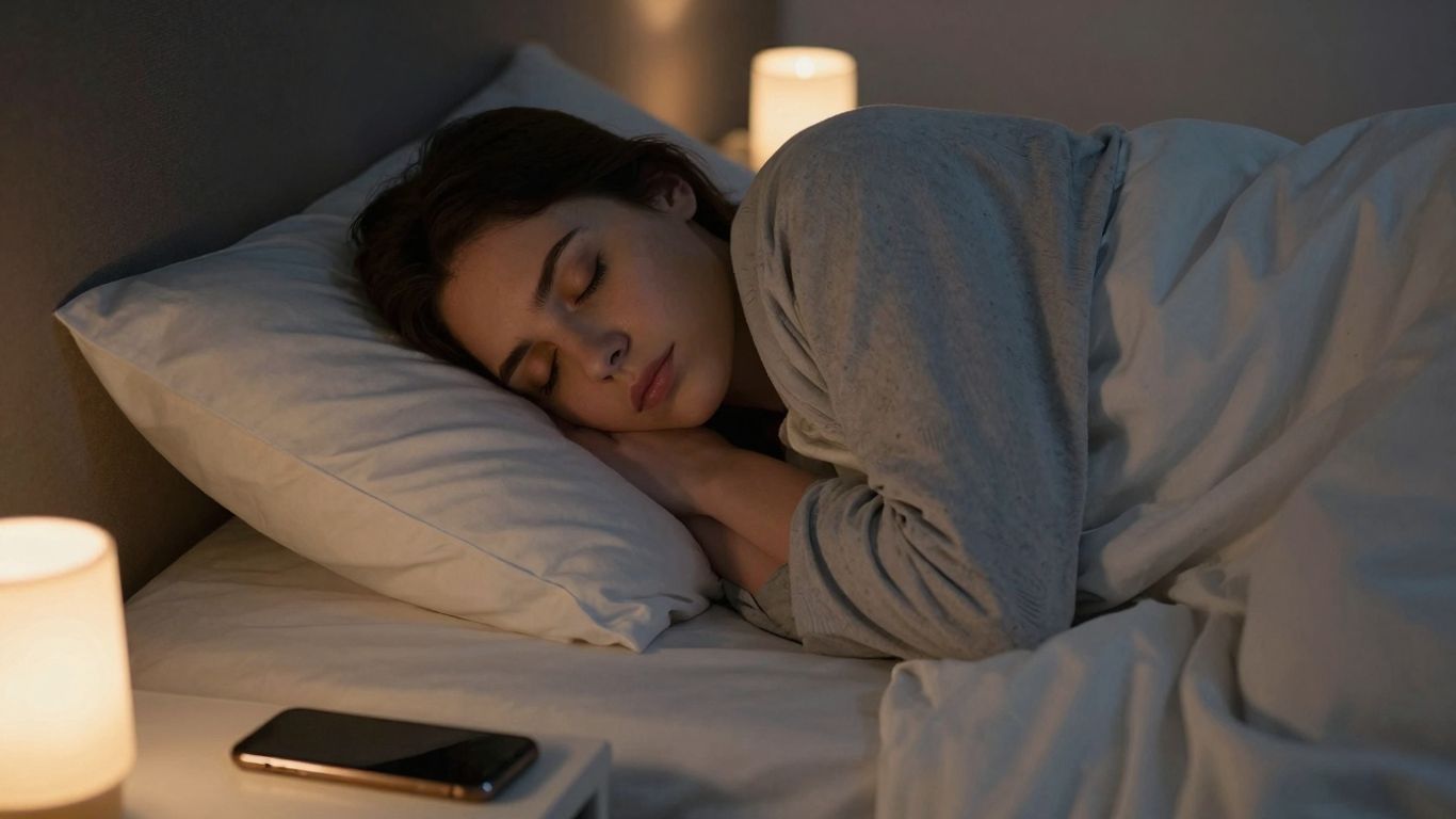 Schlafende Person neben dunklem Handy auf Nachttisch.