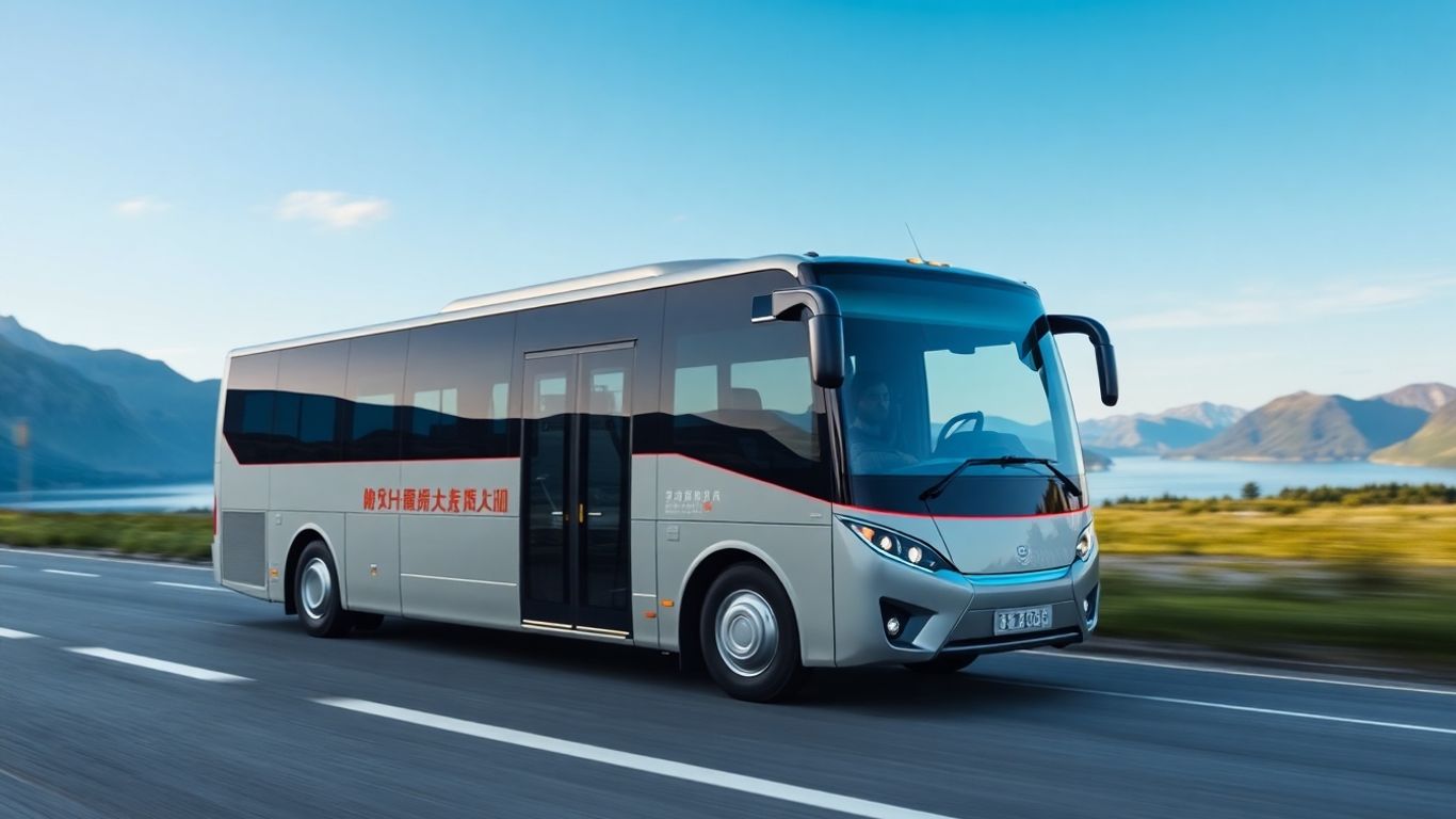 Chinese electric bus on a Nordic road, raising security concerns.