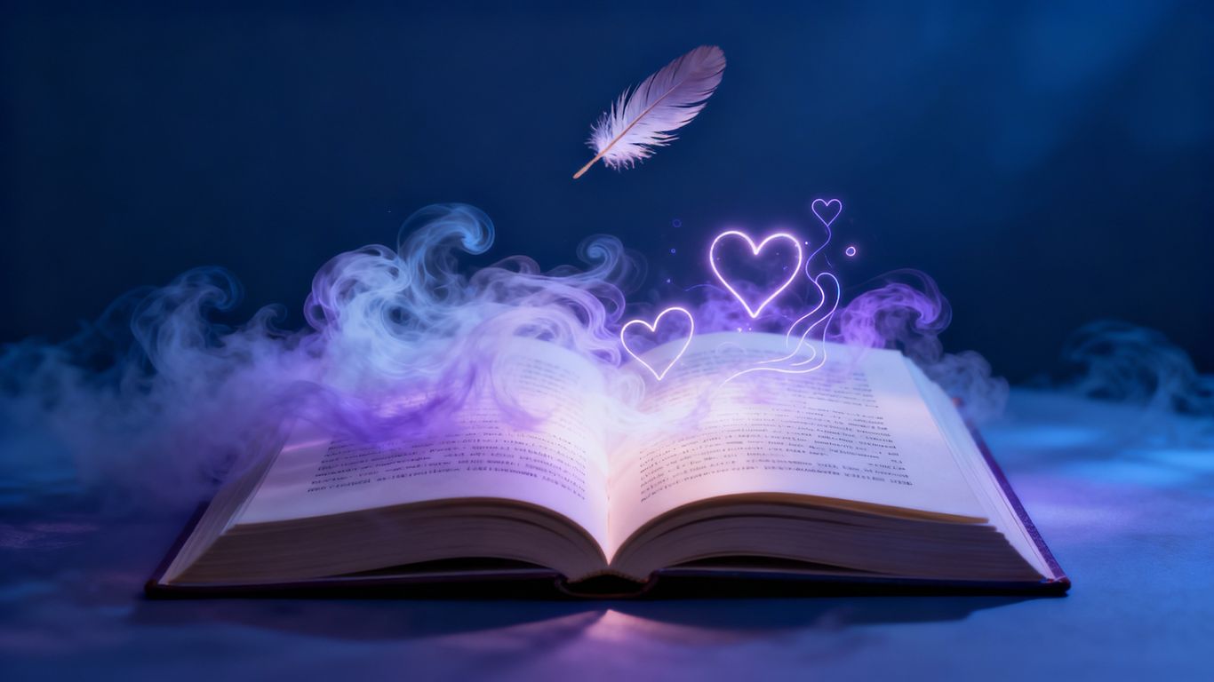 Open book with love-themed imagery emerging from pages.