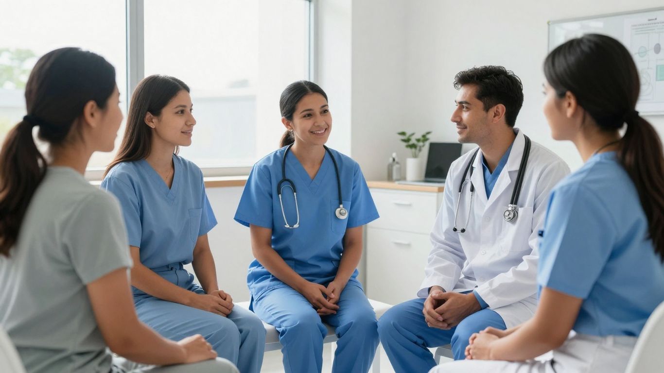 Diverse patients and healthcare providers in a modern clinic.