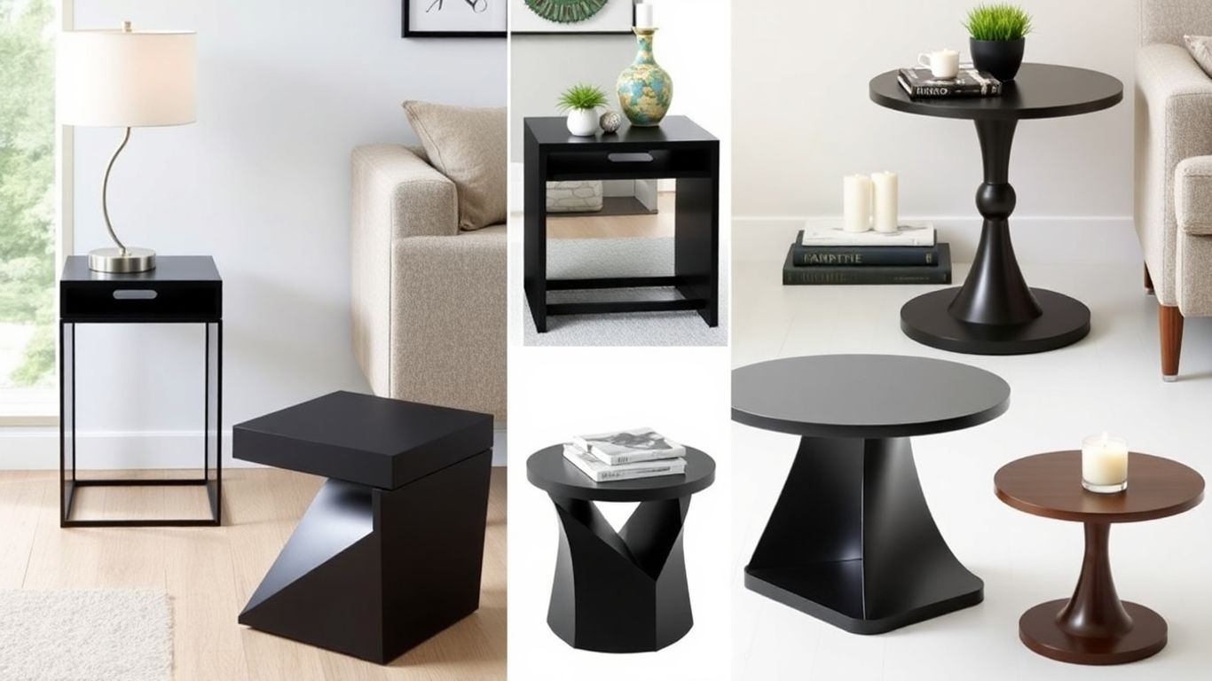 Stylish black side tables in modern home settings.