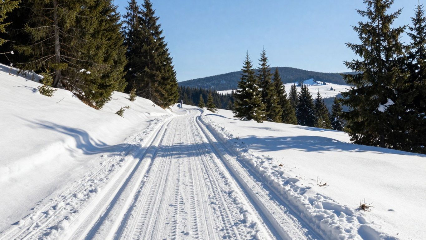 Langlaufspur im verschneiten Harz mit Bäumen und Hügeln.