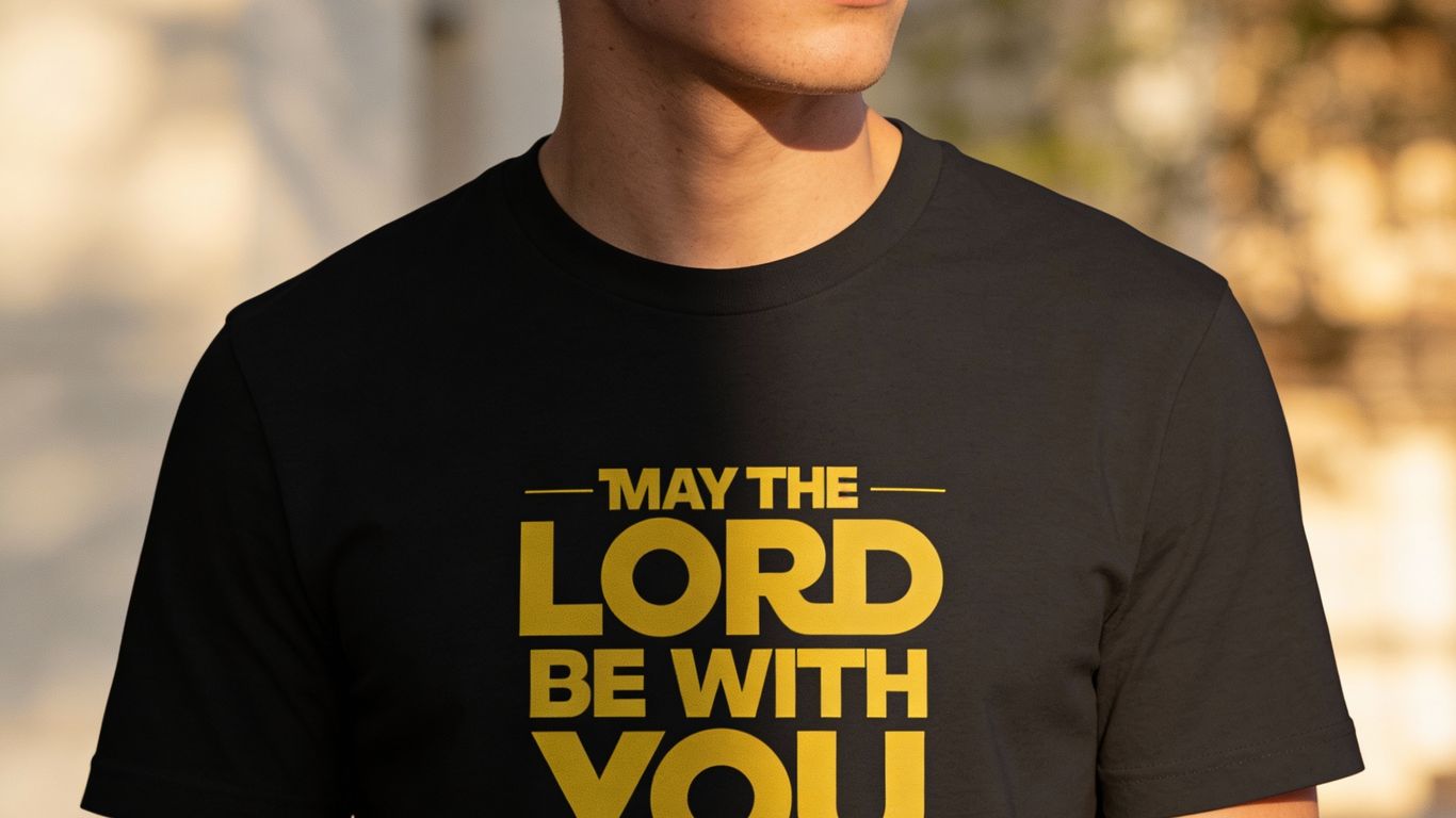 A person wears a black t-shirt with yellow text that says 