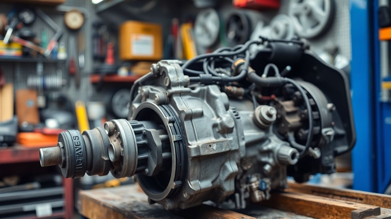 Used Skoda Octavia gearbox on a mechanic's workbench