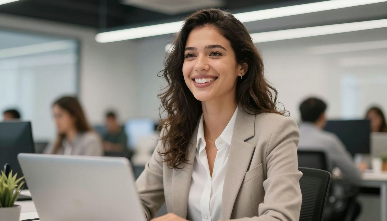 Pessoa sorrindo em um escritório moderno, aparentando entusiasmo ao iniciar uma nova fase profissional
