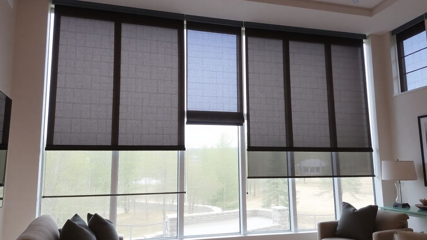 Custom motorized window shades in a modern living room.