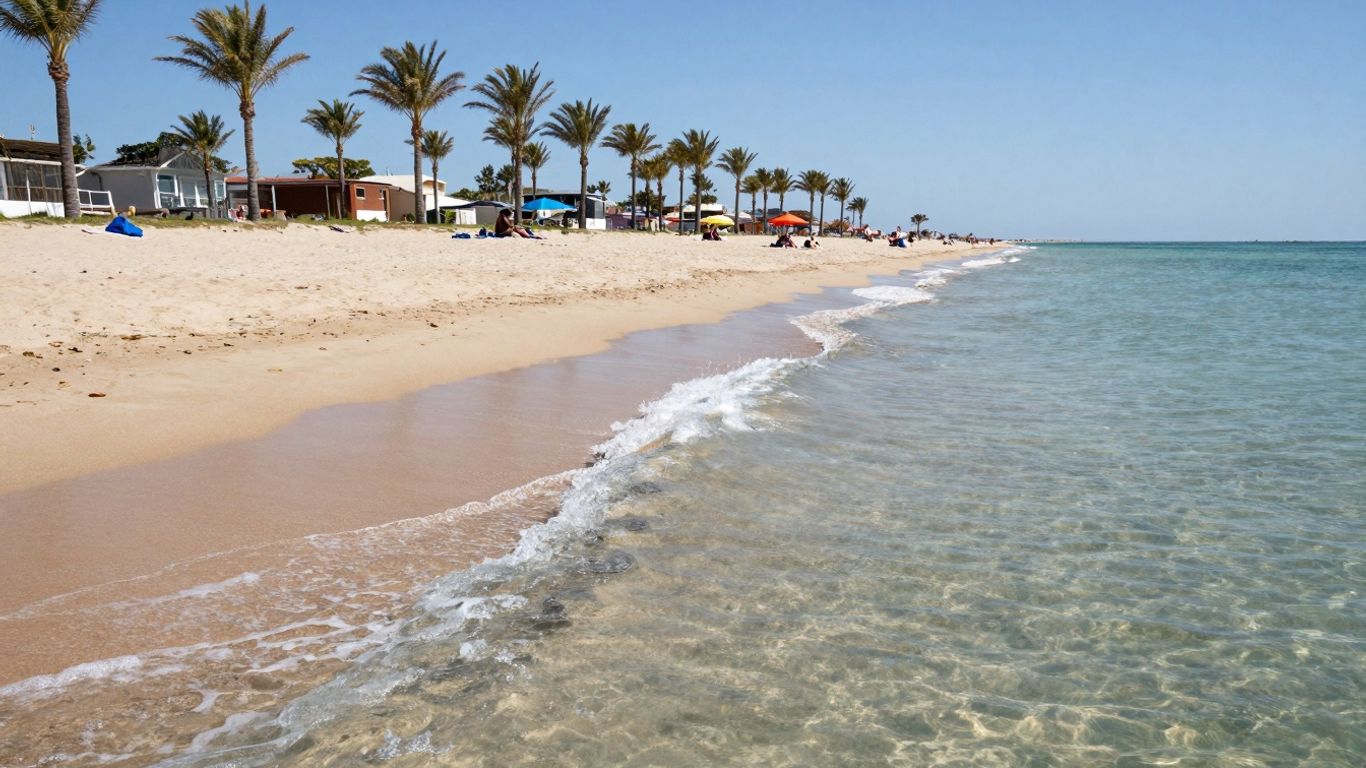 Plaża z piaskiem i turkusową wodą w Kusadasi.