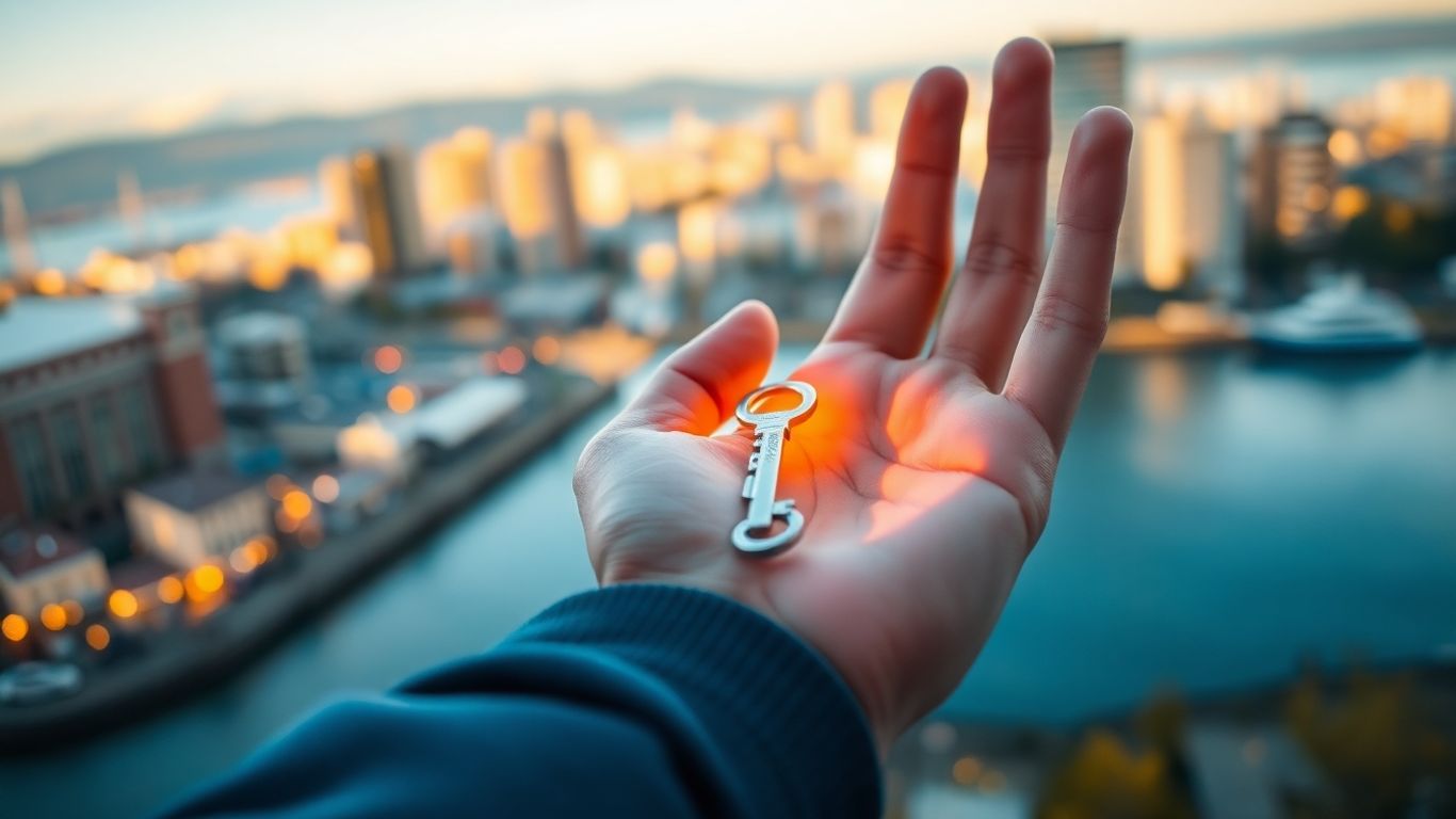 Hand holding a glowing key with Victoria skyline.