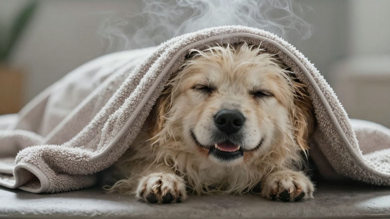 Dog enjoying a warm towel after grooming.