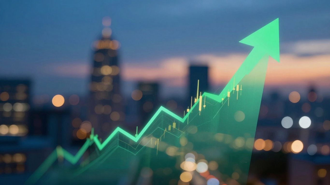 Forex trading growth arrow against city lights.