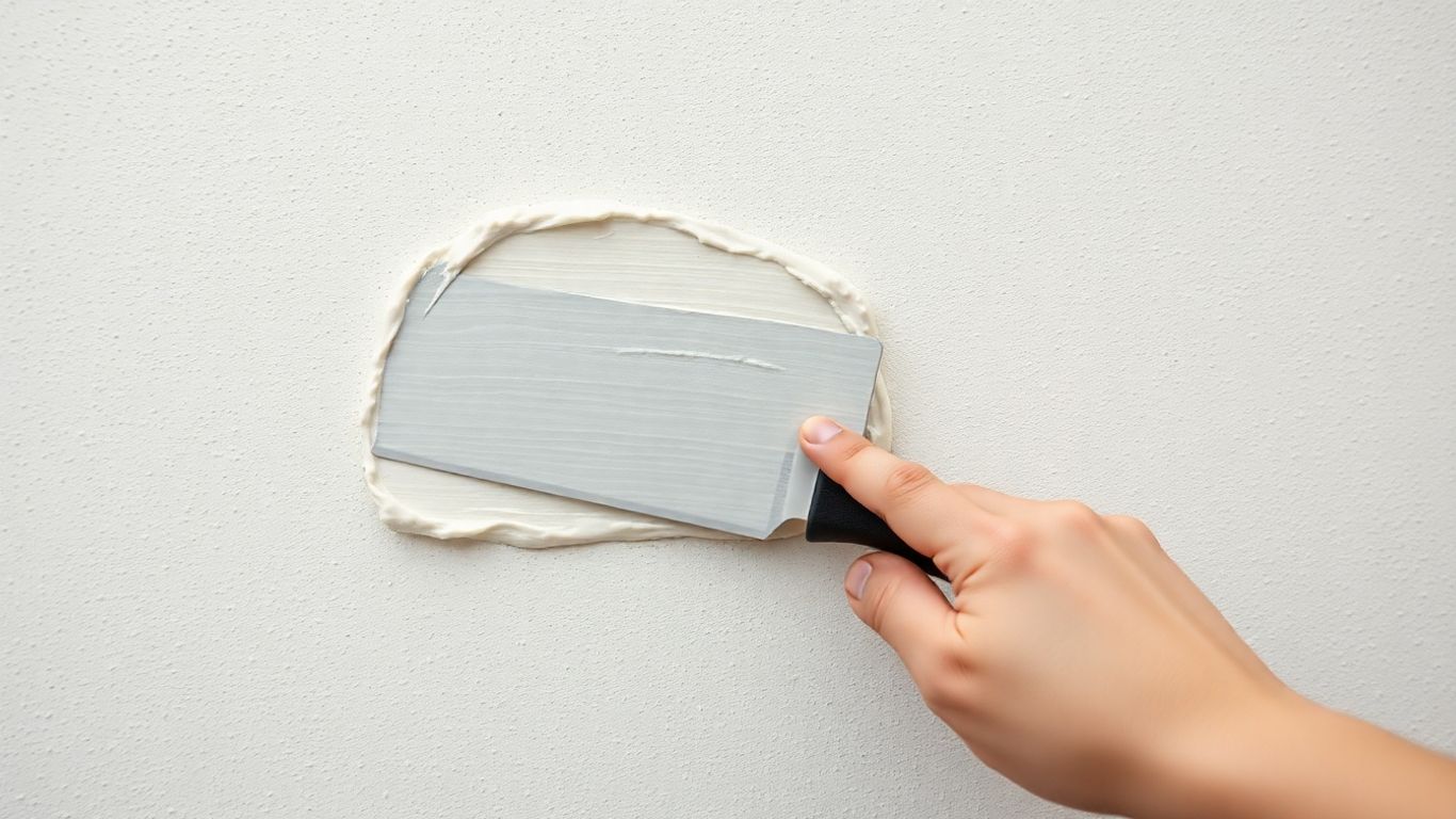Hand smoothing wall patch with putty knife.