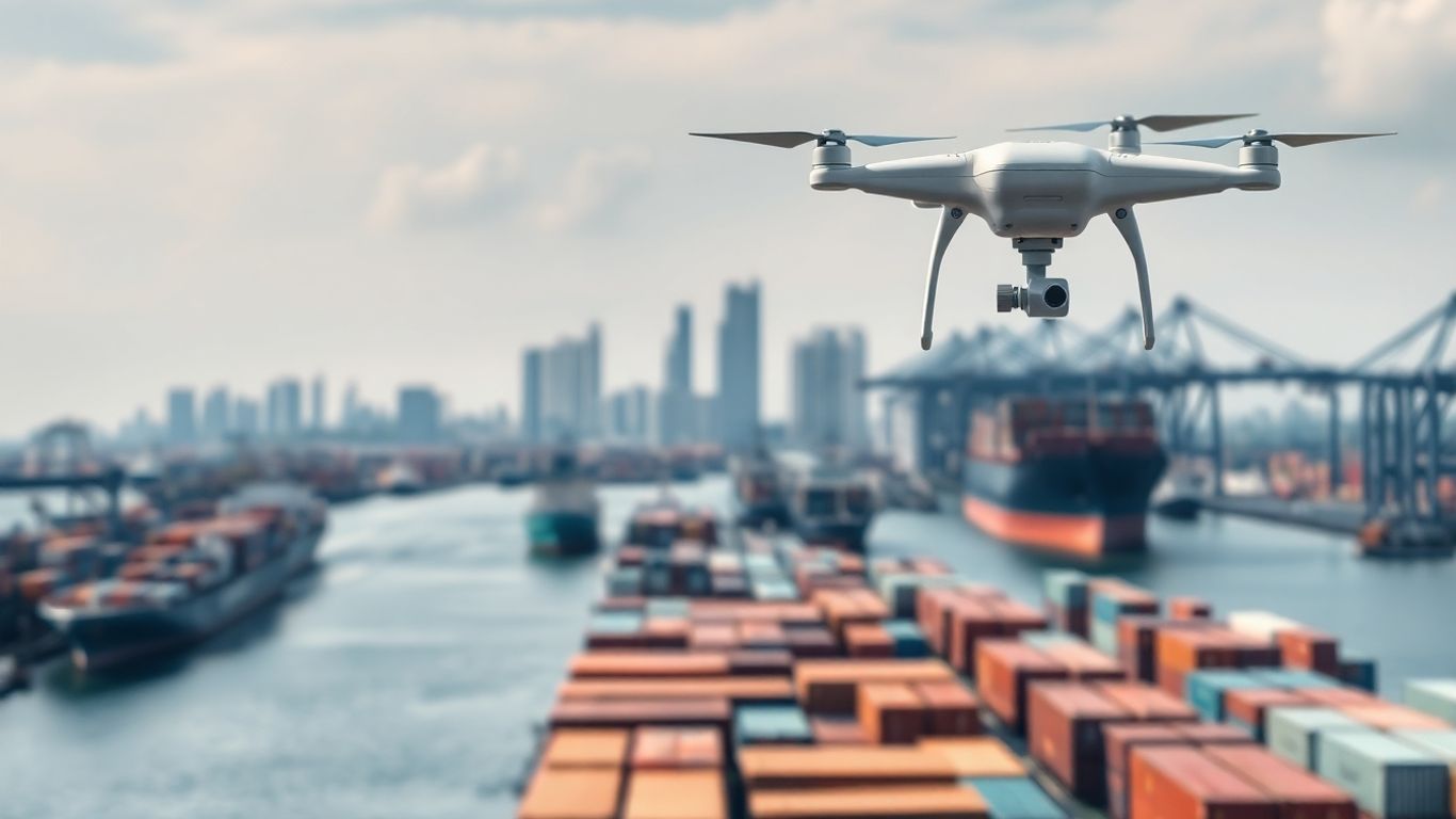 Global shipping port with cargo ships and drone.