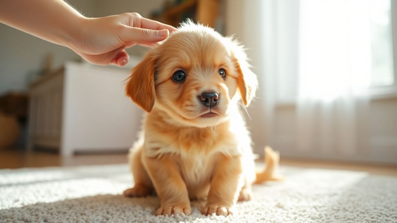 Golden retriever puppy playing with a child.