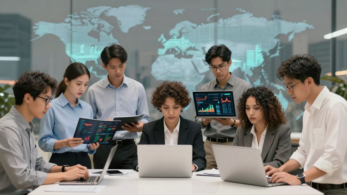 Oameni interacționând cu activități economice globale.