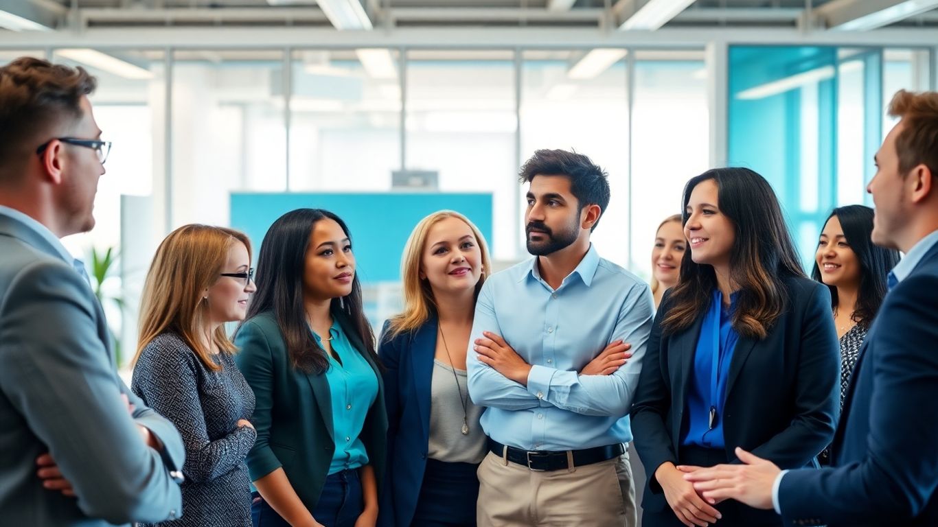 Menschen im Büro mit blauen Akzenten
