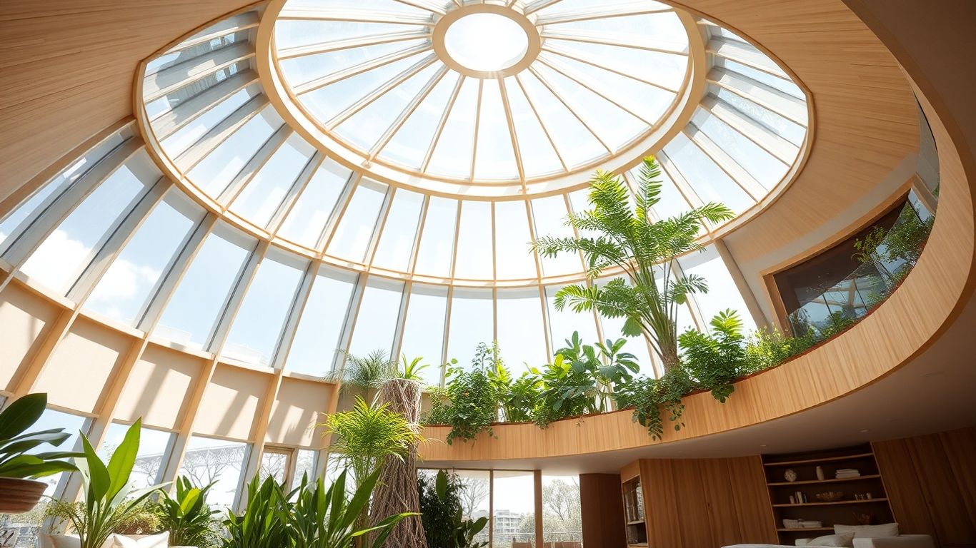 Intérieur d'un héliodome avec lumière naturelle et plantes.