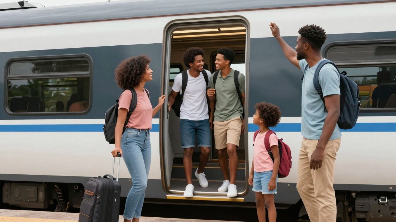 Family exiting train for summer vacation