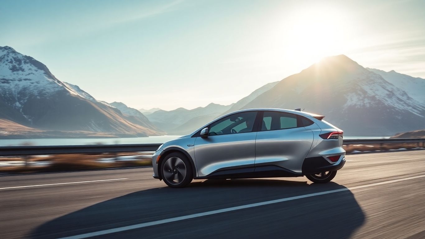 Electric car driving on a scenic Norwegian road.