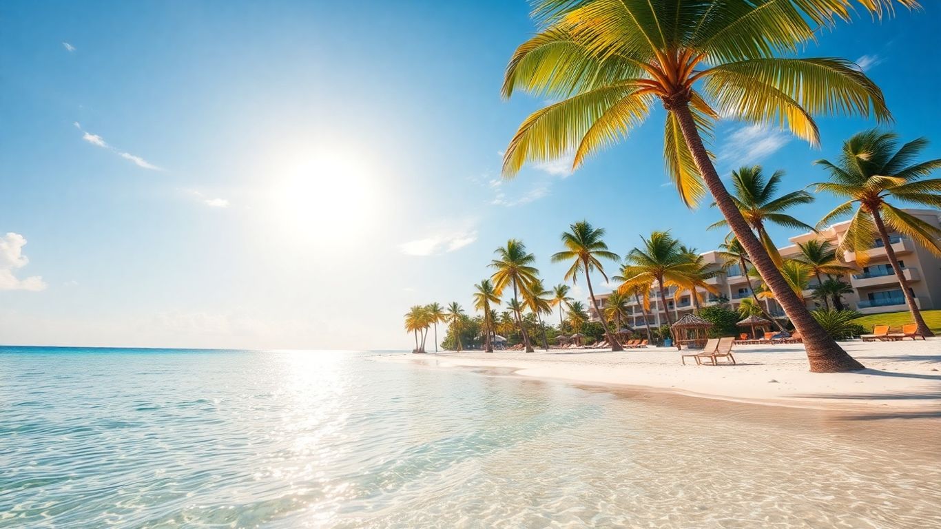 Tropical beach with resort for Jet 2 all-inclusive holidays.