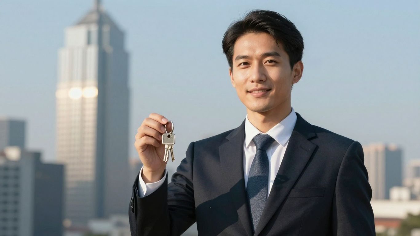 Real estate broker with keys, cityscape background.