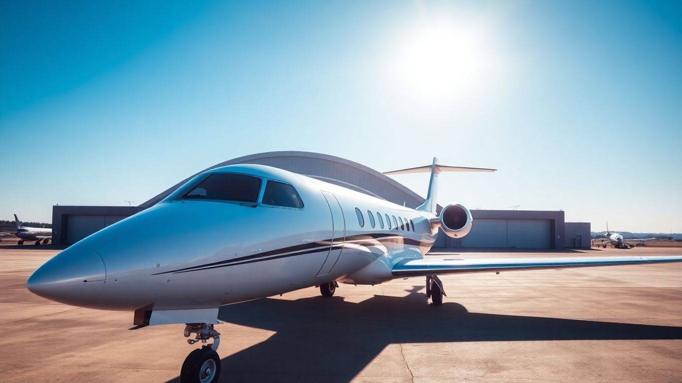 Sleek private jet on tarmac, luxury travel.