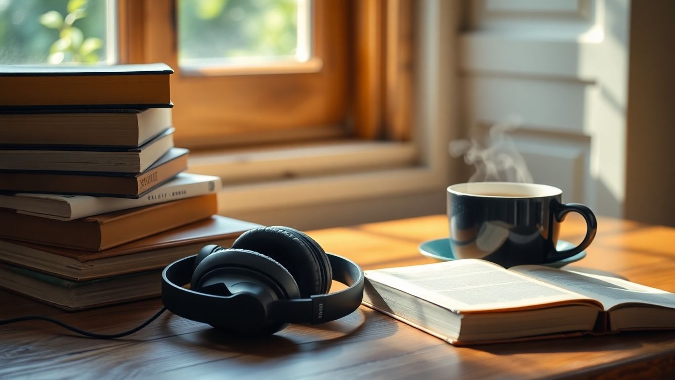 Auriculares y libros clásicos sobre una mesa junto al café.