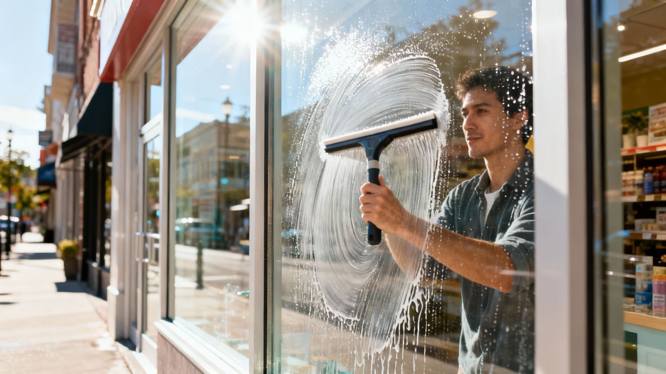 Čisté výkladné sklo obchodu s odrazom ulice.