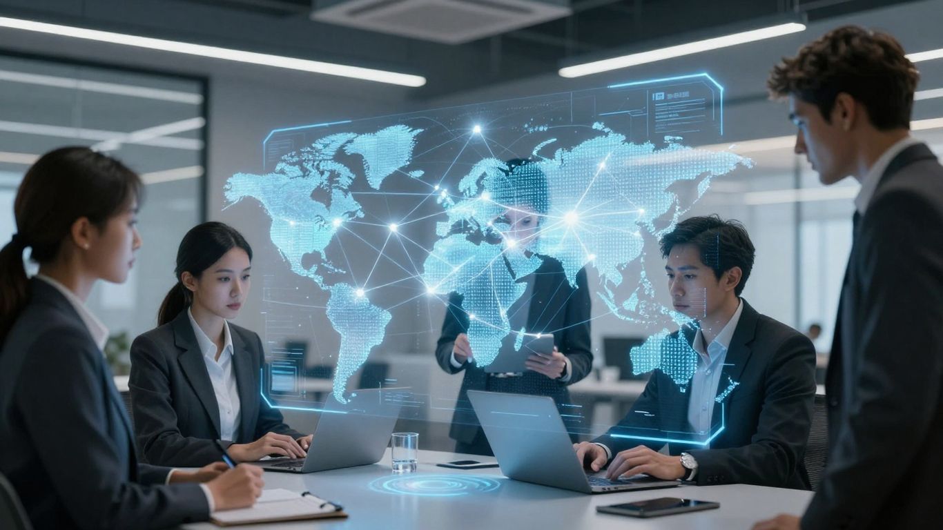 IT professionals interacting with a holographic digital network.