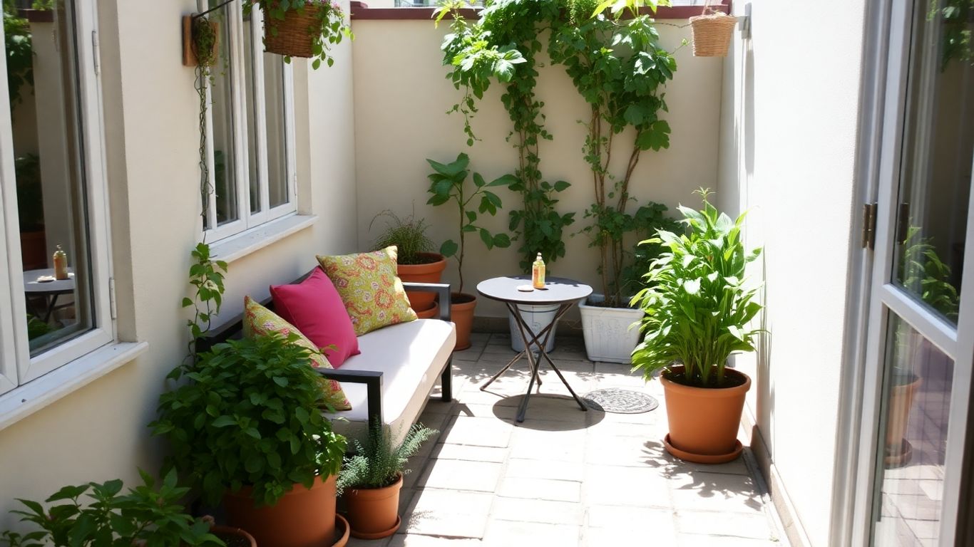 Cosy small garden patio with seating and plants.