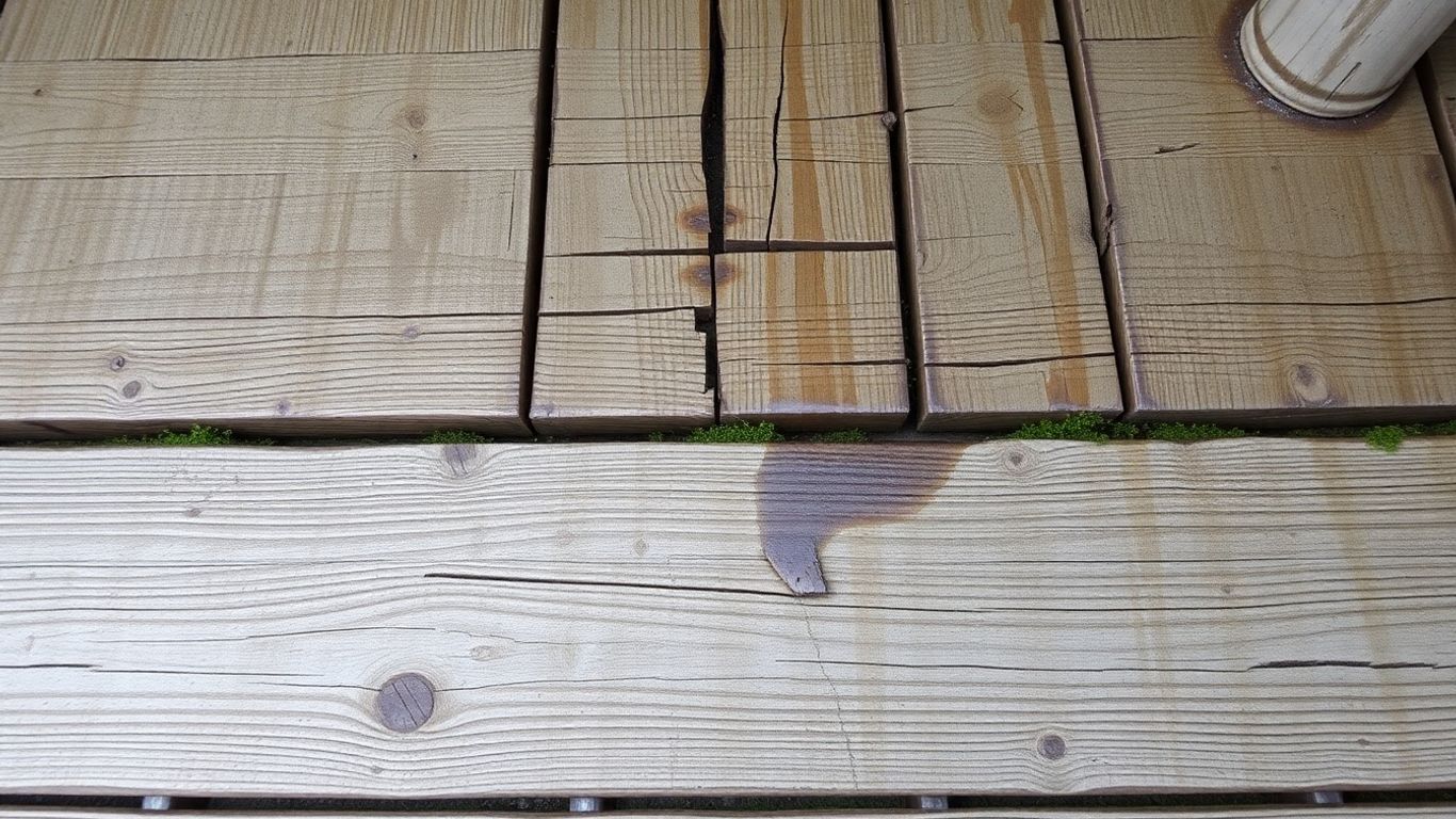 Damaged wooden deck with signs of rot and water intrusion.