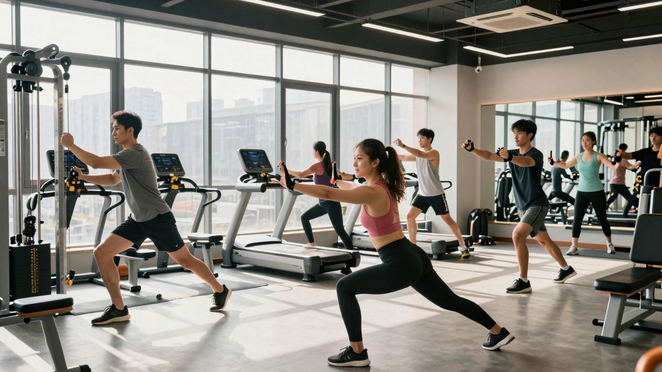 Gym interior with people exercising.